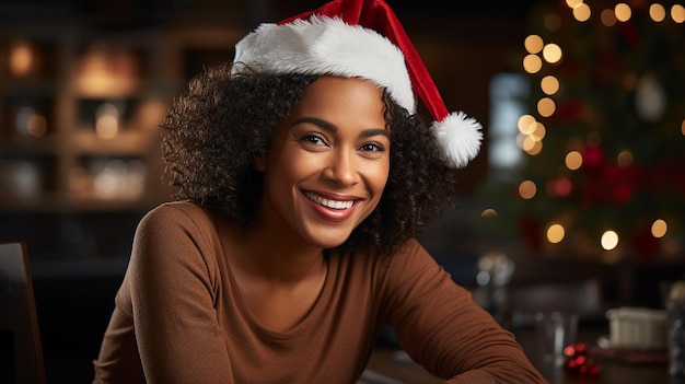 uma foto de uma mulher negra idosa usando um chapéu de Papai Noel em torno do Natal