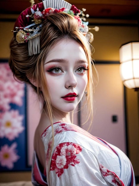 uma foto de uma mulher vestindo um quimono japonês