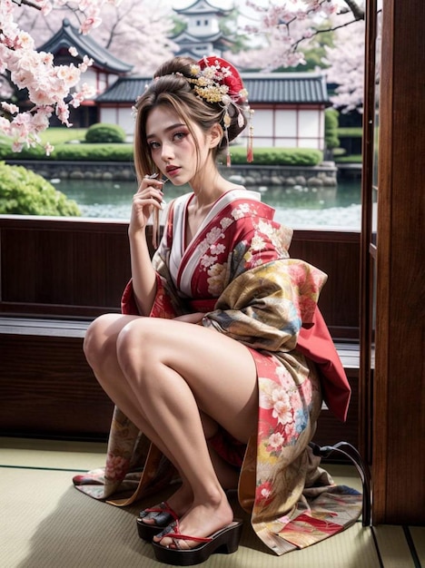 Foto uma foto de uma mulher vestindo um quimono japonês