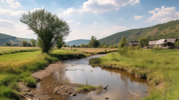 Uma foto de uma paisagem de fazenda com um rio ou riacho