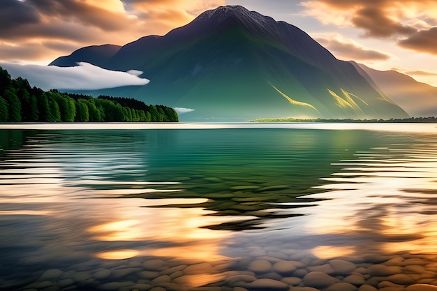 Uma foto de uma paisagem de natureza pacífica com um lago de montanha ao fundo sob a luz do sol suave