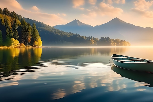 Uma foto de uma paisagem de natureza pacífica com um lago de montanha no fundo sob a luz do sol suave