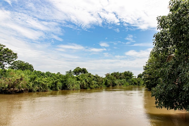 Uma foto de uma paisagem ribeirinha na Tailândia durante o dia A luz do sol é brilhante com árvores cobrindo o céu azul da costa