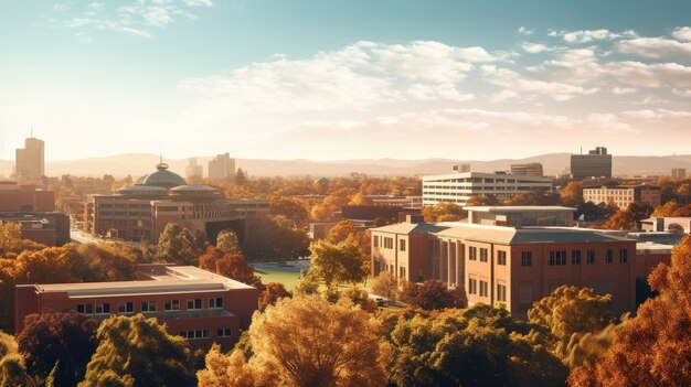 Foto uma foto de uma paisagem urbana com um campus universitário no cenário do horizonte da cidade em primeiro plano