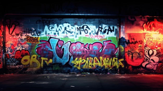 Uma foto de uma parede de concreto coberta de etiquetas de graffiti com fundo de decadência urbana