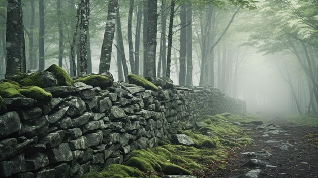Uma foto de uma parede de pedra levando para uma floresta nebulosa de luz difusa suave