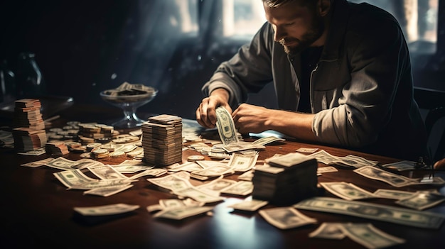 Uma foto de uma pessoa contando dinheiro em uma mesa