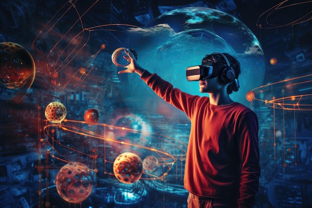 Uma foto de uma pessoa experimentando uma simulação de realidade virtual VR Generative AI