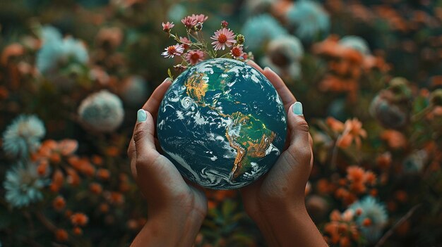 Uma foto de uma pessoa segurando a Terra em suas mãos com flores crescendo nela