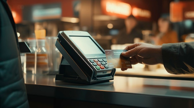 Uma foto de uma pessoa usando um cartão de crédito em um terminal