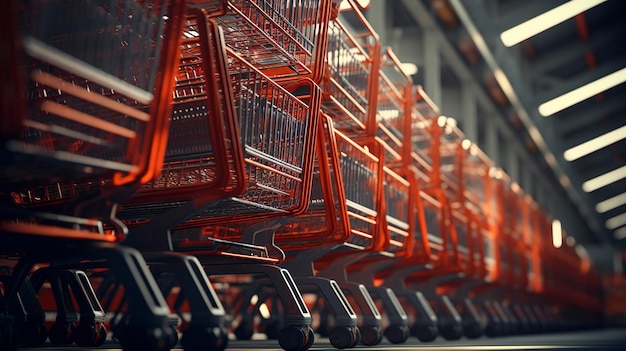 Uma foto de uma pilha de carrinhos de compras em um supermercado