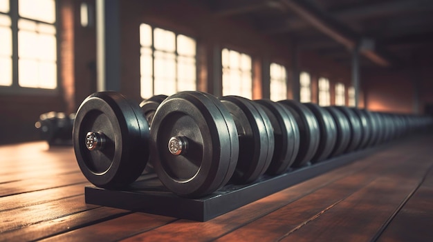 Uma foto de uma pilha de halteres em um estúdio de fitness