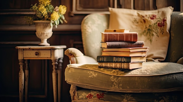 Foto uma foto de uma pilha de livros em uma poltrona vintage em um cenário aconchegante da sala de estar