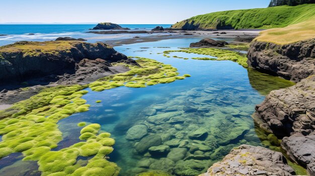 uma foto de uma piscina de água com algas nas rochas