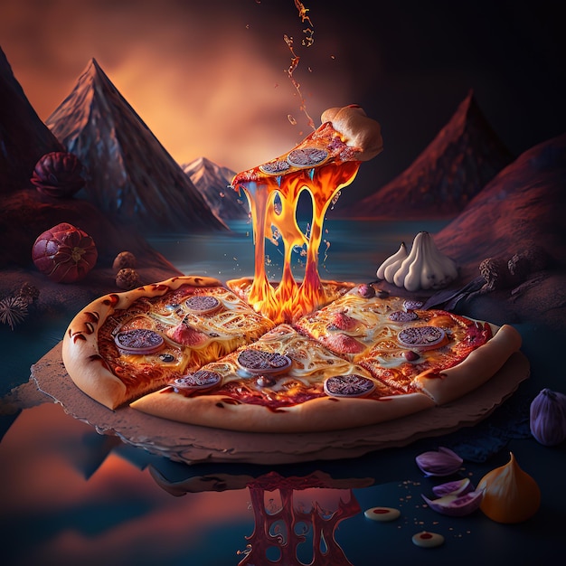 Uma foto de uma pizza com uma montanha ao fundo.