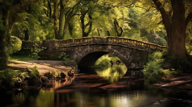 Foto uma foto de uma ponte de conto de fadas sobre um riacho babando manchado de luz solar