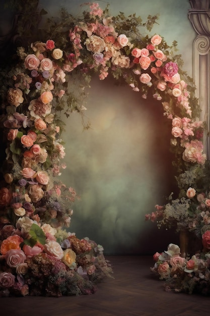 Uma foto de uma porta com um grande arco de flores.