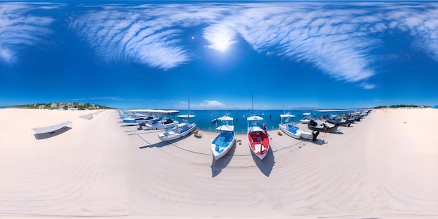 Uma foto de uma praia com barcos e o sol brilhando no horizonte.