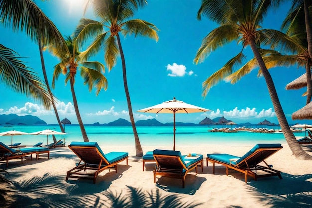 uma foto de uma praia com cadeiras e guarda-chuvas na praia