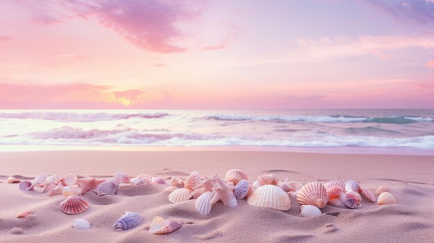 Uma foto de uma praia com conchas marinhas à luz suave do pôr-do-sol