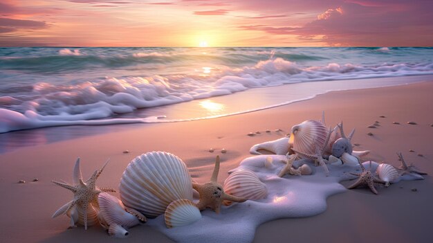 Uma foto de uma praia com conchas pastel de pôr-do-sol de grande tamanho