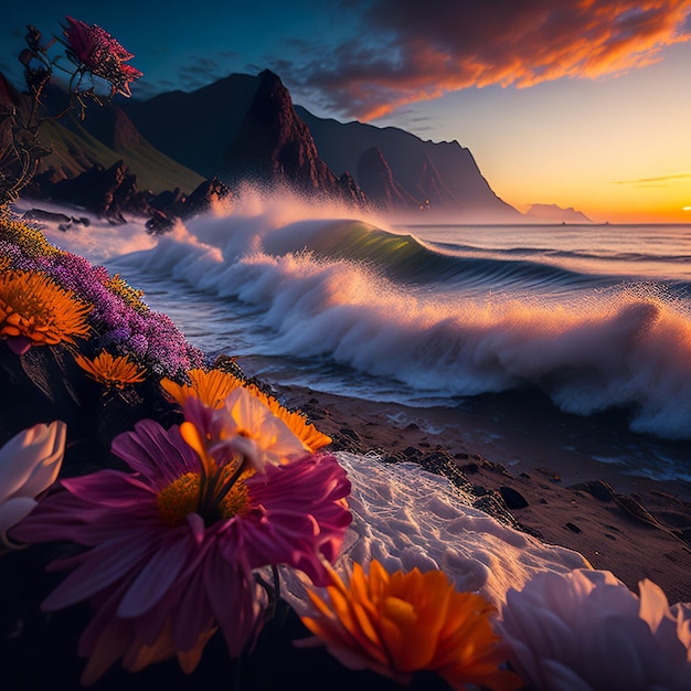 Uma foto de uma praia com flores e montanhas ao fundo