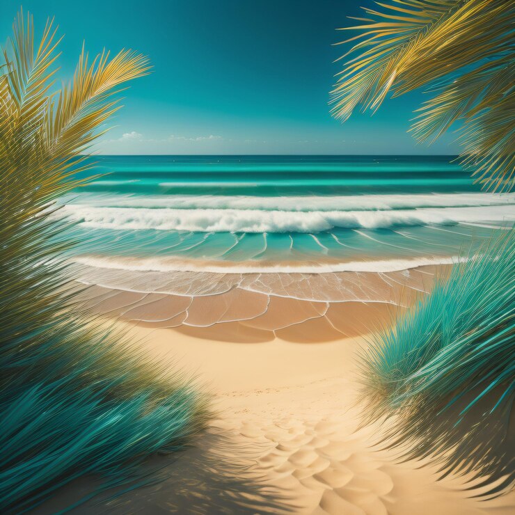 Foto uma foto de uma praia com palmeiras e o oceano ao fundo.