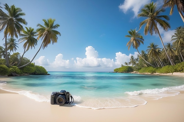 Uma foto de uma praia com palmeiras e uma câmera