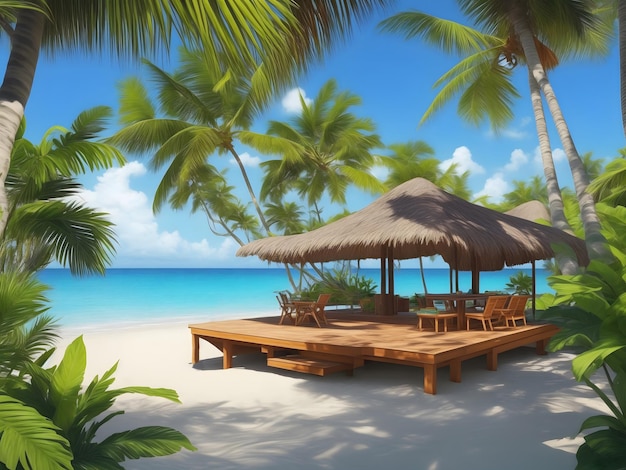 Foto uma foto de uma praia com palmeiras e uma cena de praia