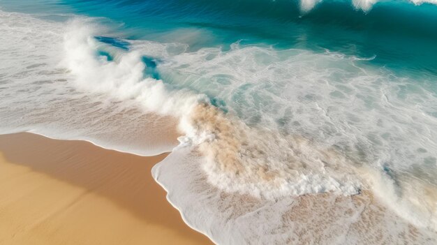 Uma foto de uma praia com um oceano azul e uma onda branca