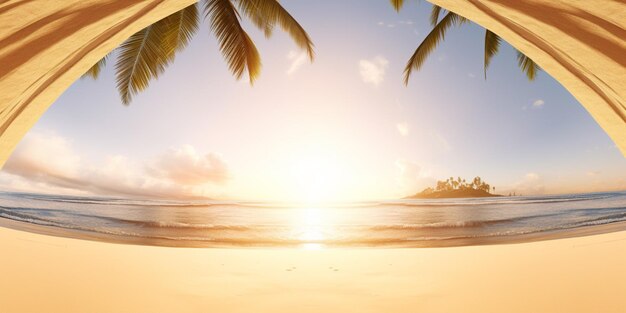 Uma foto de uma praia com um pôr do sol ao fundo