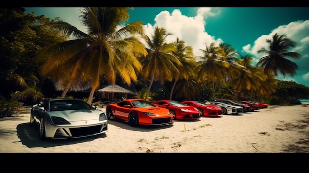 Foto uma foto de uma praia com um supercarro lamborghini vermelho.