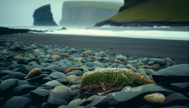 Uma foto de uma praia rochosa com rochas e uma grande montanha ao fundo.