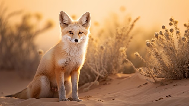 Uma foto de uma raposa do deserto com cenário de deserto de areia