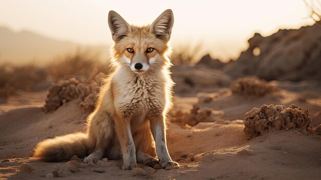 Uma foto de uma raposa do deserto em terreno arenoso