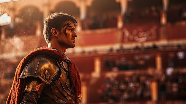 Uma foto de uma recriação de um gladiador romano no cenário de um antigo anfiteatro