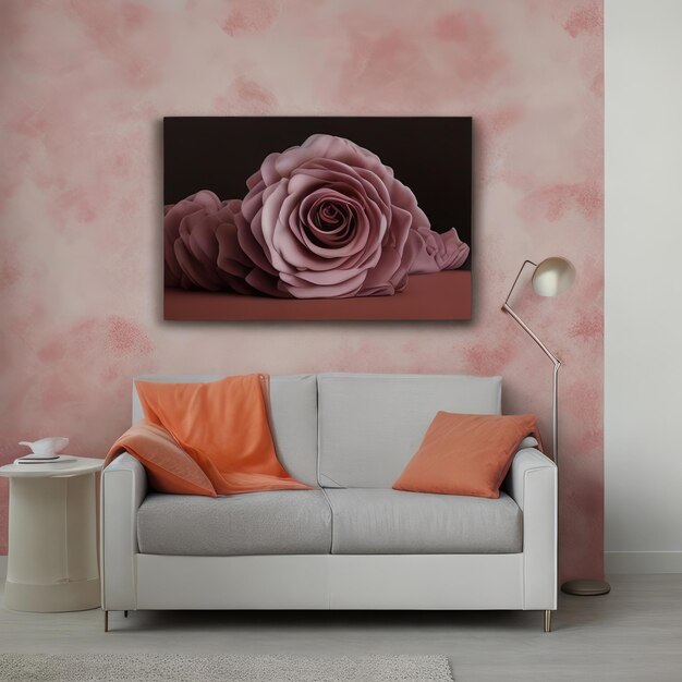 Uma foto de uma rosa em uma parede com um fundo rosa.