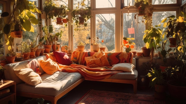 Uma foto de uma sala de estar boêmia hora de ouro luz do sol