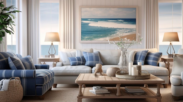 Uma foto de uma sala de estar com tema costeiro