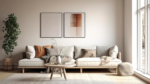 Uma foto de uma sala de estar de estilo escandinavo minimalista com tons neutros