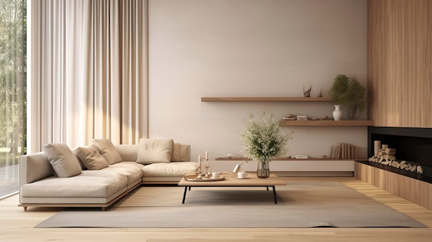 Uma foto de uma sala de estar minimalista com linhas limpas e esquema de cores neutras