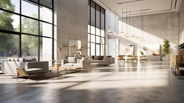Foto uma foto de uma sala de exposição de móveis chique com pisos de concreto polido luz solar natural
