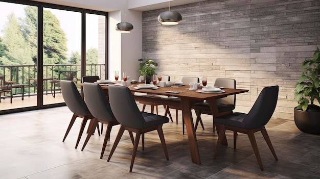 Uma foto de uma sala de jantar contemporânea com uma mesa elegante