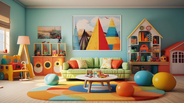 Uma foto de uma sala de jogos colorida com brinquedos interativos e decoração para crianças