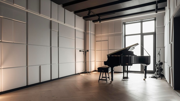 Uma foto de uma sala de música minimalista com isolamento acústico