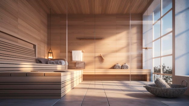 Uma foto de uma sala de sauna de spa de beleza com banco de madeira
