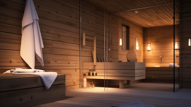 Uma foto de uma sala de sauna de spa de beleza sem hóspedes