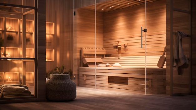 Uma foto de uma sala de sauna de spa de beleza sem hóspedes