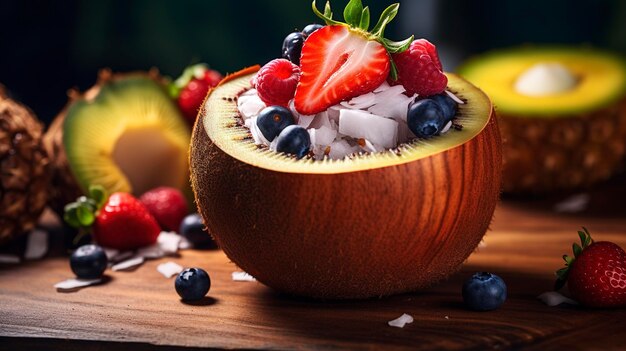 Foto uma foto de uma salada de frutas refrescante em um coco