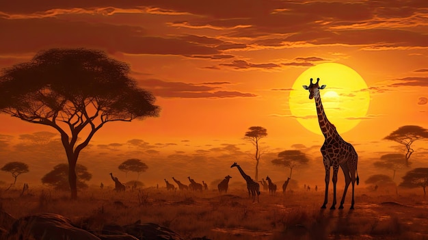 Uma foto de uma savana com uma torre de girafas no horizonte distante